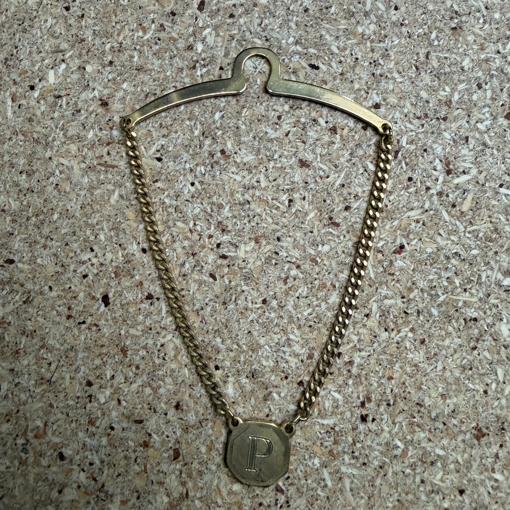 Vintage Gold Tone Letter P Initial Tie Chain Curb Link Octagon Pendant Mens